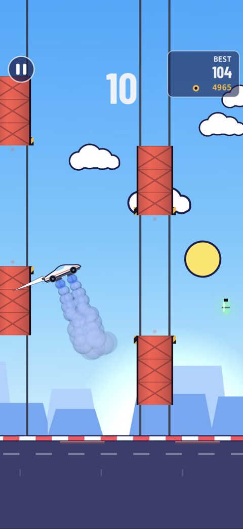 The car flying through red gates with thruster plumes