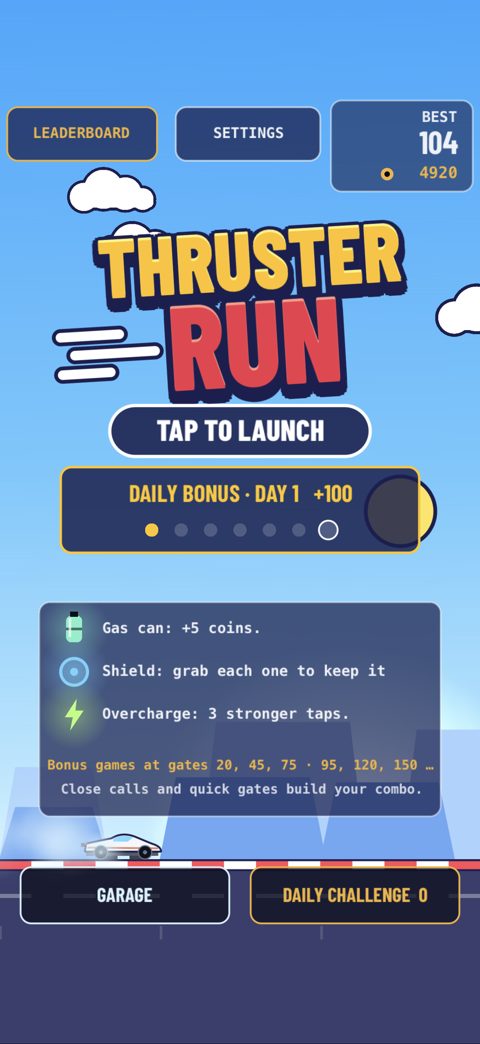 Thruster Run start screen with the hypercar ready to launch